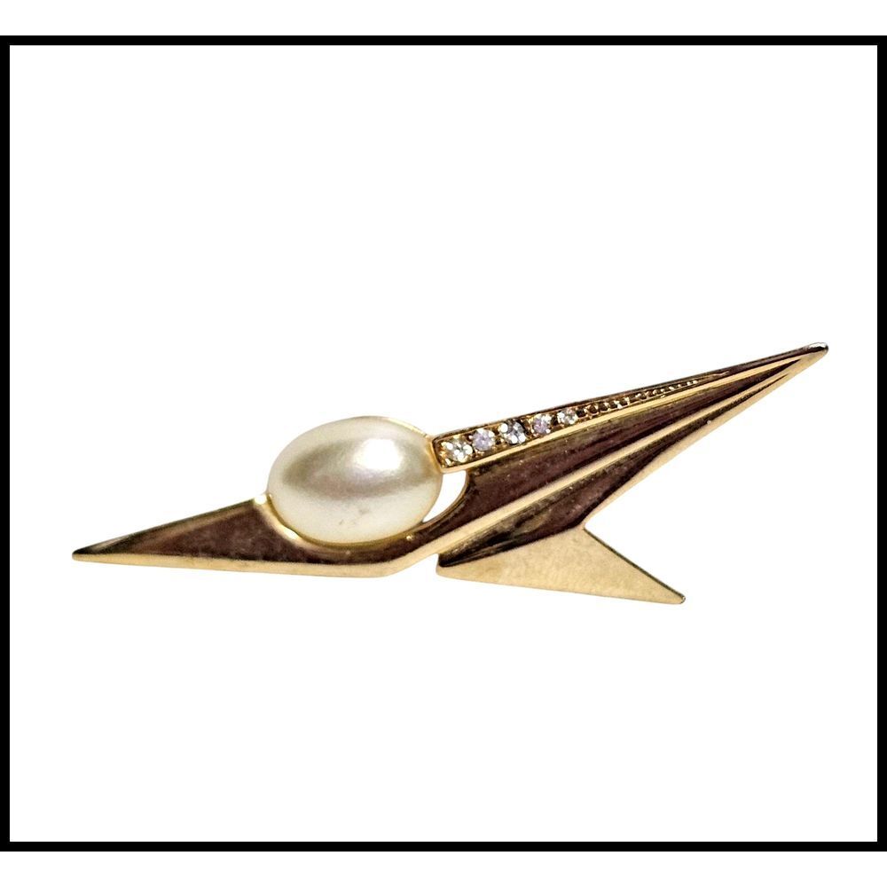 Vintage Faux Pearl Brooch Gold Tone Rhinestone‎ Arrow Pin Statement Jewelry